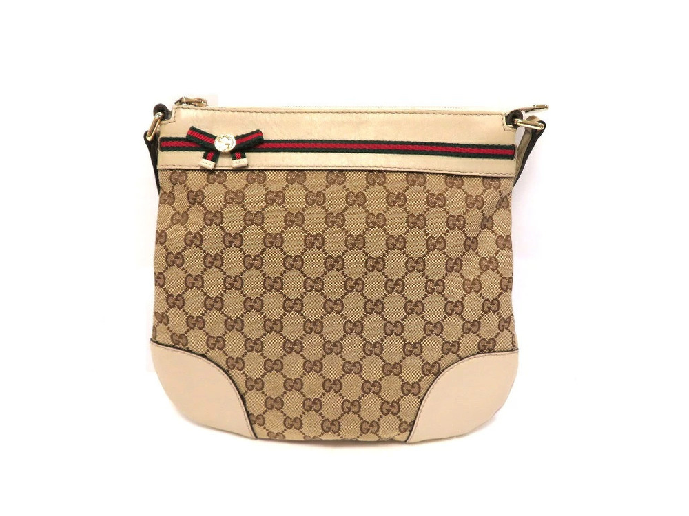 Gucci GG Canvas Sherry Shoulder Bag Beige Cream Calfskin